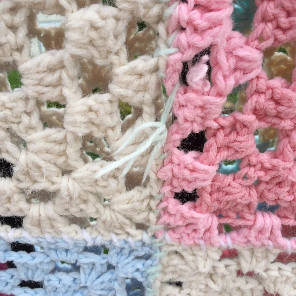 Crochet Knit Afghan Throw Blanket Granny Square Pastels Baby Pink Blue Sofa Cozy